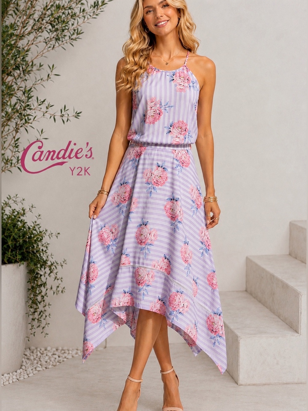NWT Candies Floral Stripe Handkerchief Midi Dress XL Y2k